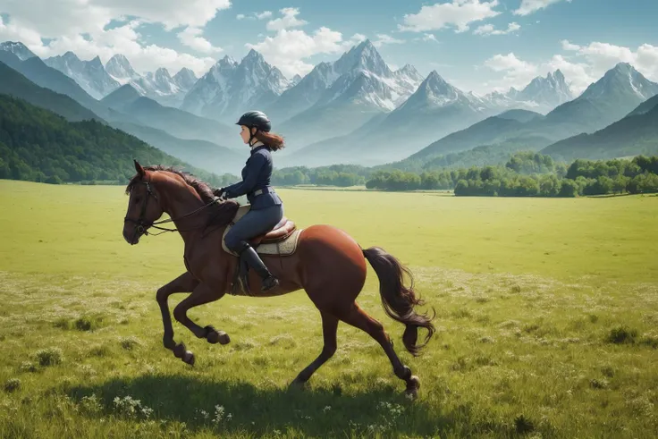 a girl horse riding across a lush meadow, mountains in the distance