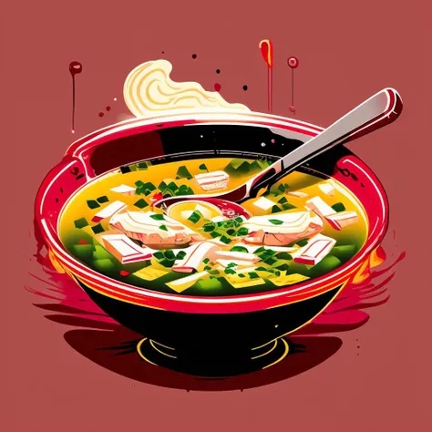 (Maroon color palette theme), a comforting bowl of chicken soup being prepared in a kitchen on a winter day <lora:Tshirt_design:1>