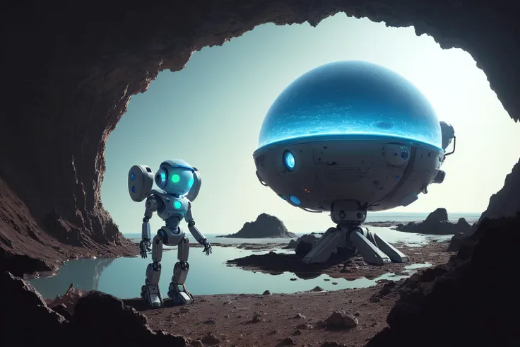 a robotic explorer scanning an alien planet for signs of water