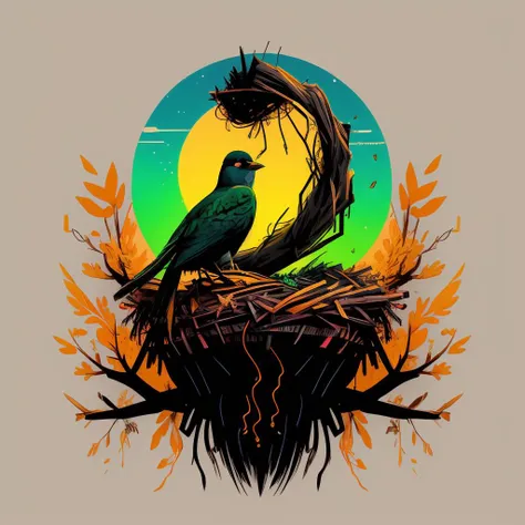 (orange color palette theme), watching a bird building its nest in the early days of spring <lora:Tshirt_design:1>