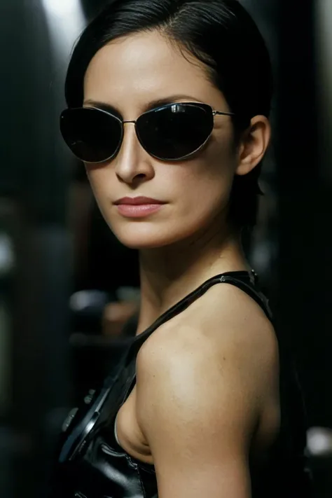 medium shot, Trinity, sunglasses, realistic, natural lighting, post-processing, ultra realistic, highly detailed, very detailed, cinematic, hyper realistic, intricate scenery, sharp, photo by Annie Leibovitz, film, studio lighting, detailed skin, ultra realistic, bokeh, sharp features <lora:Trinity:0.8>