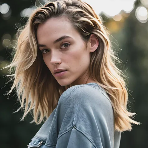 hannahferguson a woman wearing a sweater, hair blowing in the wind, jeans, outside, park , portrait, (realistic, photo-realistic:1.37), ultra high res, ultra-detailed, incredibly beautiful girl, 8k uhd, dslr, soft lighting, high quality, film grain, Fujifilm XT3