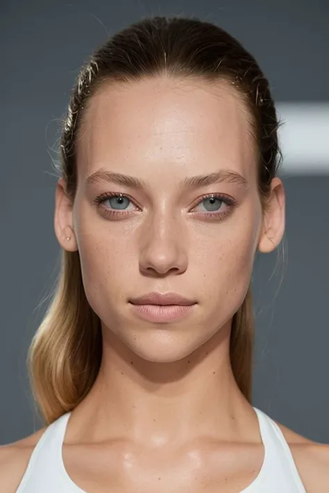 (CR-HannahF3rguson-summer4love263:0.95), photo of woman, (grey background:1.0), (oiled shiny skin:1.0), (tilted angle shot:1.0), (undercut hair:1.0),