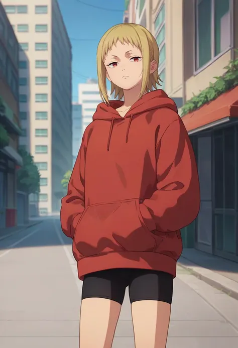 score_9, score_8_up, score_7_up, source_anime, solo, 1girl, sawatari akane, expressionless, looking at viewer, standing, hands in pockets, red hoodie, long sleeves, black shorts, bike shorts, outdoors, city street <lora:csm_sawatari_ponyXL:1>