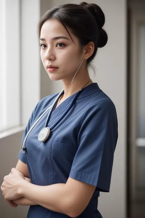 "Craft an image of a woman in a navy blue nurse's uniform in a hospital setting. She stands confidently, stethoscope in hand. Her makeup is minimal and professional, and her hair is pulled back in a neat bun, highlighting her compassionate expression."
