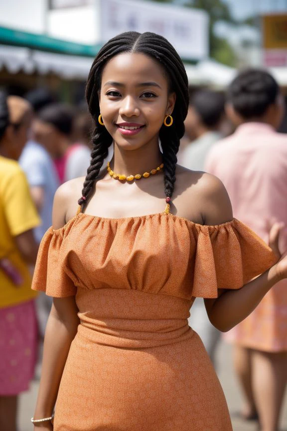"Craft an image of a woman in a bright, patterned African Ankara dress in a bustling market scene. Her pose is confident and joyful, interacting with the vibrant surroundings. Her makeup is natural, and her hair is styled in beautiful braids adorned with beads."