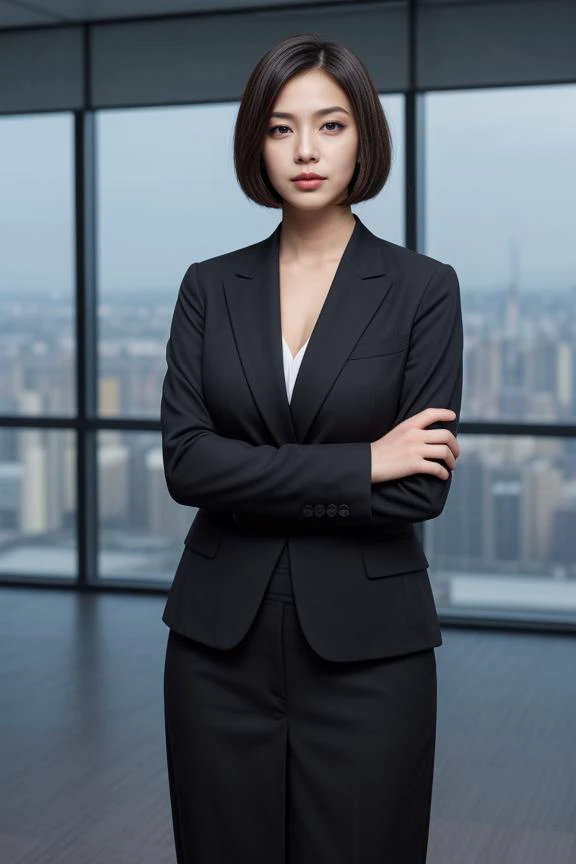 "Produce a realistic image of a woman in a formal business attire, in a high-rise office overlooking the city. Her pose is powerful, standing with arms crossed. Her makeup is professional and understated, and her hair is styled in a sharp, clean bob."
