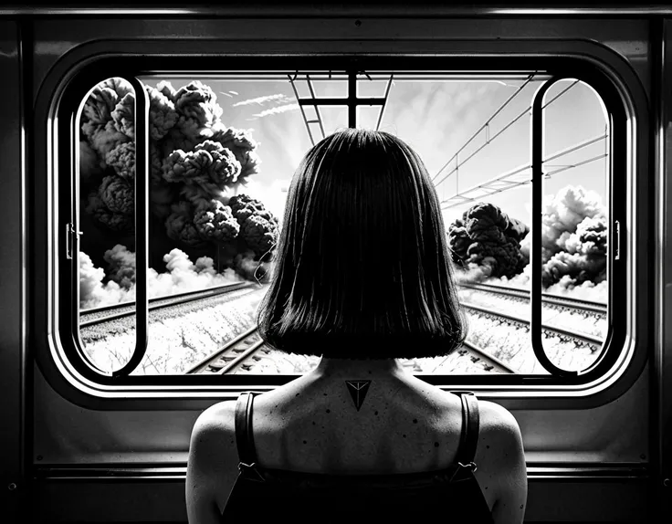 three cornered window, back of head shot of (woman looking out of triangle window:1.1), 3rd person, Looking out the triangular window of a (train:1.1) with triangular windows, triangular windows and triangular, wheels,  in a fantasy world, 
psychedelic, geometric, vivid light, high contrast, triadic colors, dark shadows,  explosions, nuclear mushroom cloud, nuclear explosion, dystopian nightmare, 
(beautiful composition),
21 yo woman,