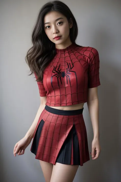 <lora:Spider_Top_Skirt_By_Stable_Yogi:0.8>red spider woman costume, skirt, crop shirt, spider symbol