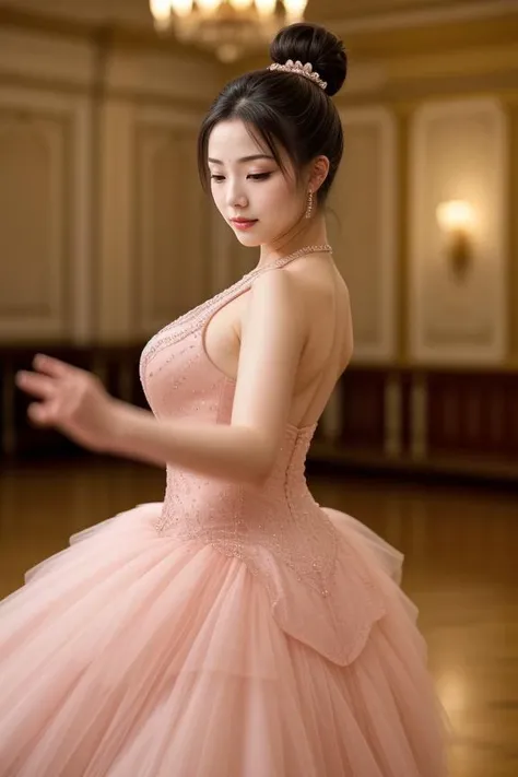 "Generate an image of a woman in a graceful ballroom dance dress, in the midst of a waltz in an elegant dance hall. Her pose is fluid and harmonious. Her makeup is soft and romantic, and her hair is styled in a sophisticated bun, accentuated with decorative pins."
