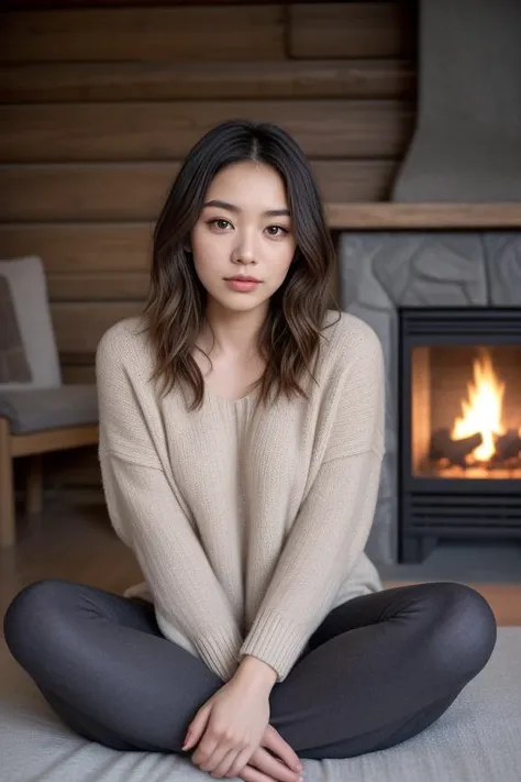 "Generate a detailed image of a woman in a cozy, oversized sweater and leggings, in a rustic cabin setting. Sheâs relaxing by a fireplace, her pose relaxed and content. Her makeup is minimal and natural, and her hair is loose and slightly tousled, adding to the cozy atmosphere."