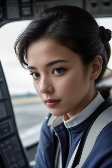 "Craft an image of a woman in a pilot uniform, in the cockpit of an airplane. Her pose is confident, looking out the window. She wears minimal makeup, and her hair is neatly tied, with the focus on the intricate details of the cockpit."