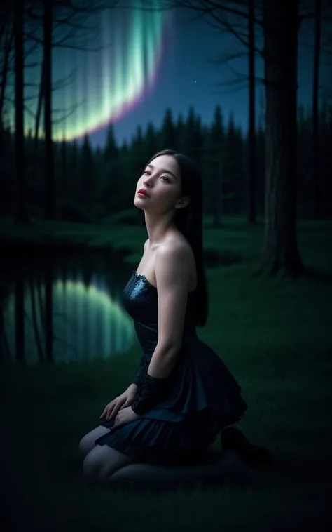 (cowboy shot, solo_focus, cinematic photoshoot of perfect seductive young woman:1.3), In the heart of a moonlit, ancient forest, a solitary Valkyrie kneels beside a serene lake. The water mirrors the night sky, dotted with constellations. Around her, ethereal, glowing runes float gently in the air, casting a soft light on her armor. The scene is enveloped in a profound silence, broken only by the distant, haunting calls of nocturnal creatures. Above, the Northern Lights dance solemnly, reflecting her somber expression as she contemplates the fallen warriors' souls she's destined to guide to Valhalla. The forest around her is both beautiful and melancholic, imbued with a sense of timeless reverence and a deep connection to the ancient Norse legends. (Style of Golden Ratio:1.5),(Layered Depth, Parallax Effect, Soft focus foreground:1.4),(Full Length [fantasy:realism:0.75] Art Portrait:1.3),(cinematic establishing shot, highly detailed background:1.2),volumetric lighting,subsurface scattering,dynamic pose,(special effects, color grading, fantasy aura)