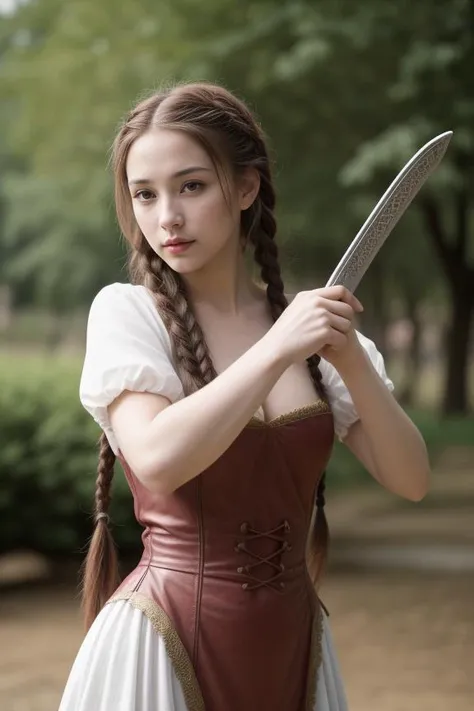"Create a high-resolution image of a woman in a medieval costume at a renaissance fair. Her pose is playful, with a sword in hand. Her makeup is period-appropriate, and her hair is braided in an elaborate style."