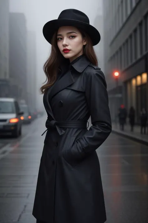 "Produce a high-definition image of a woman in a stylish detective trench coat in a foggy, noir-inspired city street. She poses with a mysterious air, a magnifying glass in hand. Her makeup is subtle but striking, with red lips, and her hair is styled in waves under a fedora hat."