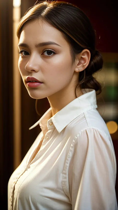 Woman, focused eyes, pursed lips, contemplative expression, detailed hair strands, professional attire, muted colors, defined makeup, thoughtful presence, strong character emphasis, nuanced photography, narrative captured in subtleties, confidence portrayed.