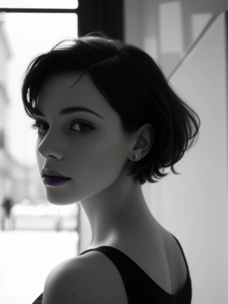 (Ultra detailed:1.3) (((best quality))) (((ultra detailed))) (((masterpiece))), realistic, hyper realistic , Fashion, lipstick, depth of field, 1girl (solo:1.5) , looking at the audience, glossy skin, counterpoint, female focus, model, (huge breasts:1.2), mischievous face cool, perspective, fine fabric emphasis, budget haze, ojou-sama pose, beautiful young female, Pixie Cut, tank top, leaning forward, art by Adrian Tomine, art by Agnes Cecile, sexy, seductive, shadow, dramatic lighting, park, black and white, Hotify, Prettify, PrettyEyes, Spanish