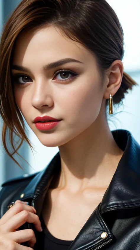 Woman, intense gaze, smoky eyes, subtle smile, lipstick matte, edgy hairstyle, leather jacket, statement jewelry, makeup defining features, strong portrait expressions, detailed outfit, attitude captured, fierce femininity portrayed, modern style emphasis.