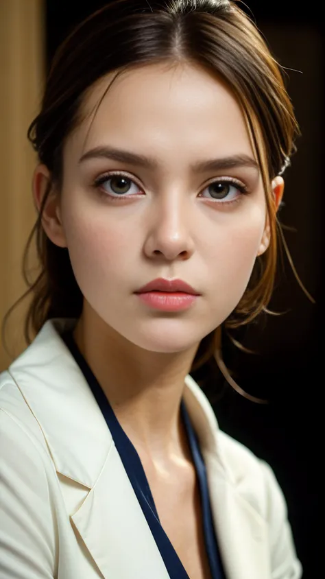 Woman, focused eyes, pursed lips, contemplative expression, detailed hair strands, professional attire, muted colors, defined makeup, thoughtful presence, strong character emphasis, nuanced photography, narrative captured in subtleties, confidence portrayed.
