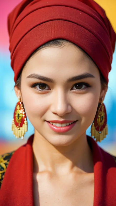 Woman, sparkling eyes, lively expression, colorful headwrap, dynamic patterns, stylish earrings, warm smile, makeup highlighting features, cultural pride, feminine vibrancy, detailed fashion, engaging presence, portrait artistry, bold and beautiful focus.