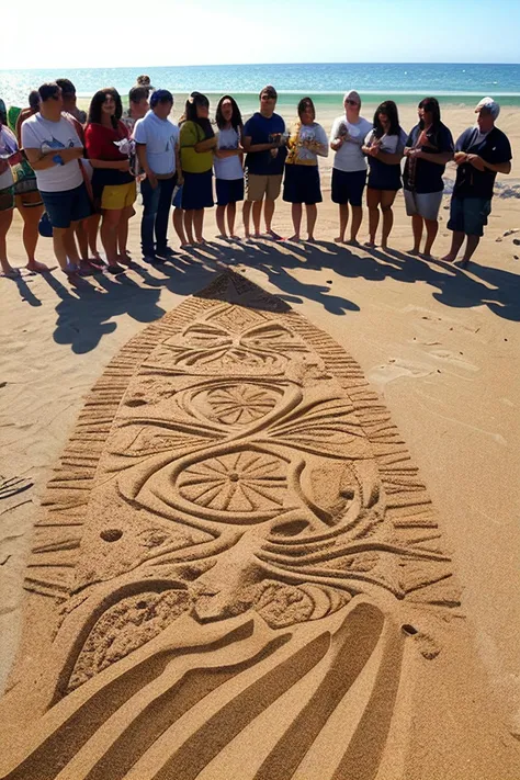 Sand artist, beach canvas, raked patterns, tidal influences, outdoor creativity, ephemeral artworks, natural inspiration, large-scale designs, sun and shadows, harmonious lines, crowd admiration, photographic captures, nature collaboration, transformative tides, mindful movements, artistic meditation, elemental beauty, sandy impermanence.