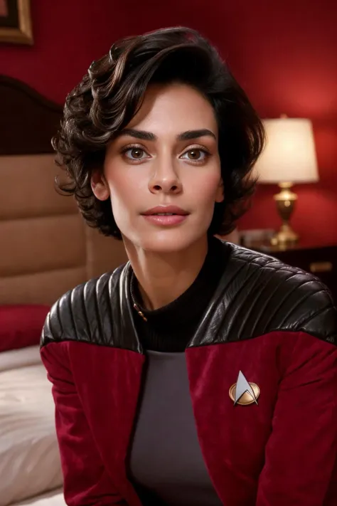 Ultra-realistic 8k CG, masterpiece, best quality, (photorealistic:1.4), absurdres, extremely detailed, real hair, life-like,
((room setting)), ((bedroom)), ((detailed face, big chin)), ((detailed eyes)),
beautiful latino woman with short black hair wearing a red cptvrn jacket on a bed,pinup pose <lora:STNGV3new:0.8>