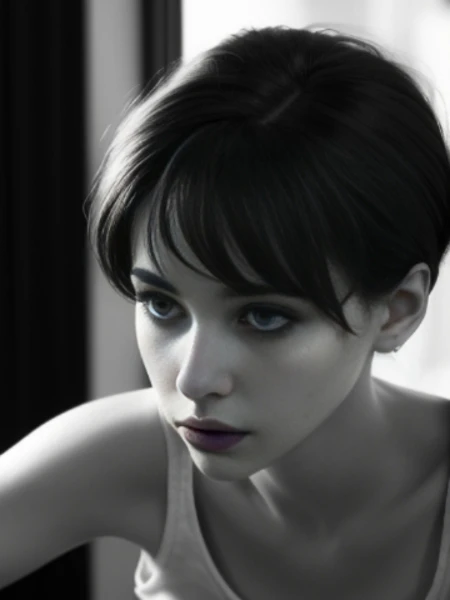 (Ultra detailed:1.3) (((best quality))) (((ultra detailed))) (((masterpiece))), realistic, hyper realistic , Fashion, lipstick, depth of field, 1girl (solo:1.5) , looking at the audience, glossy skin, counterpoint, female focus, model, (huge breasts:1.2), mischievous face cool, perspective, fine fabric emphasis, budget haze, ojou-sama pose, beautiful young female, Pixie Cut, tank top, leaning forward, art by Adrian Tomine, art by Agnes Cecile, sexy, seductive, shadow, dramatic lighting, park, black and white, Hotify, Prettify, PrettyEyes, Spanish