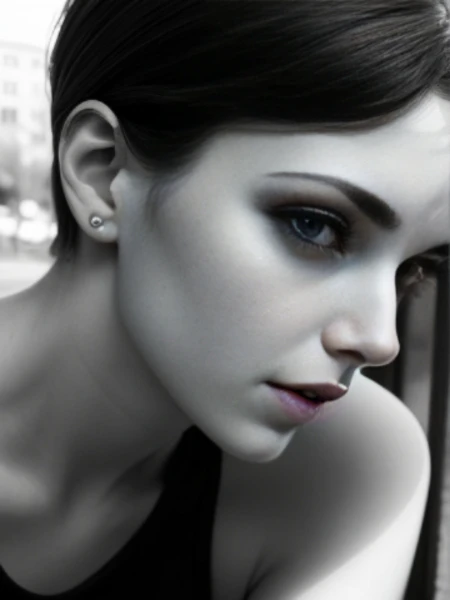 (Ultra detailed:1.3) (((best quality))) (((ultra detailed))) (((masterpiece))), realistic, hyper realistic , Fashion, lipstick, depth of field, 1girl (solo:1.5) , looking at the audience, glossy skin, counterpoint, female focus, model, (huge breasts:1.2), mischievous face cool, perspective, fine fabric emphasis, budget haze, ojou-sama pose, beautiful young female, Pixie Cut, tank top, leaning forward, art by Adrian Tomine, art by Agnes Cecile, sexy, seductive, shadow, dramatic lighting, park, black and white, Hotify, Prettify, PrettyEyes, Spanish