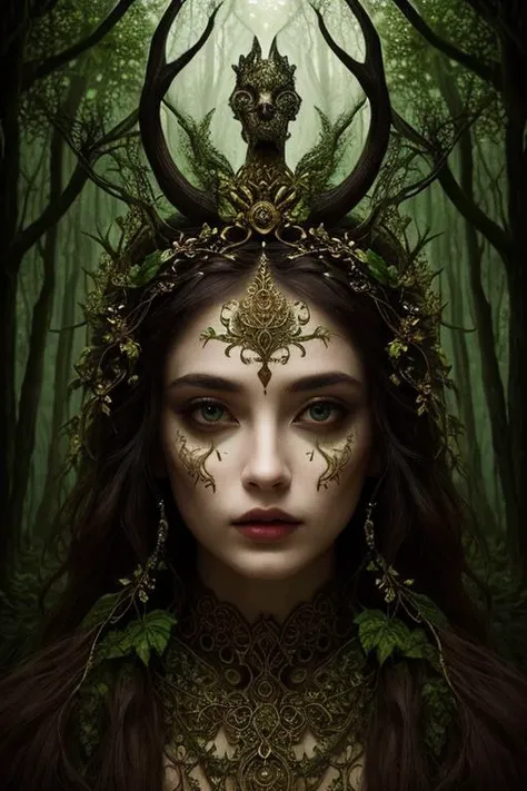 woman in a mythical forest, masterpiece, (perfect face), intricate details, horror theme