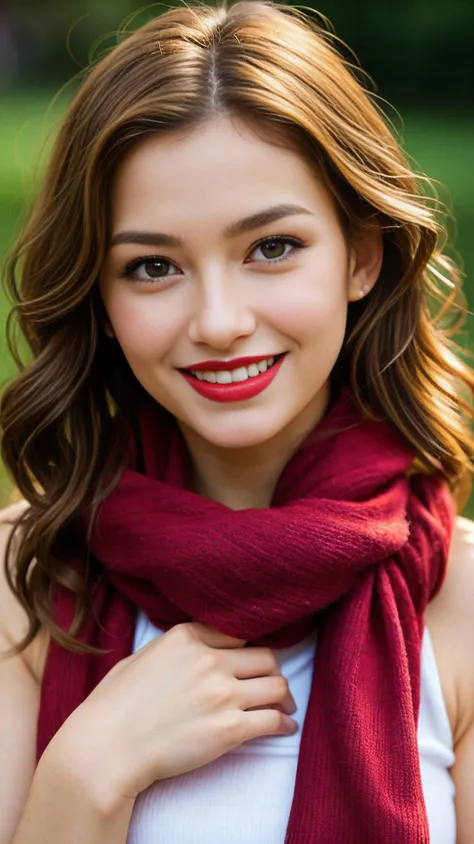 Woman, joyful eyes, vibrant smile, red lipstick, wavy hair delicately placed, colorful scarf, detailed textures, expressive face, natural lighting, makeup enhancing features, playful elegance, visual storytelling, feminine essence, fine photographic details.