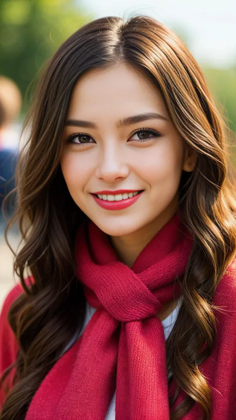 Woman, joyful eyes, vibrant smile, red lipstick, wavy hair delicately placed, colorful scarf, detailed textures, expressive face, natural lighting, makeup enhancing features, playful elegance, visual storytelling, feminine essence, fine photographic details.