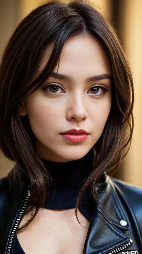 Woman, intense gaze, smoky eyes, subtle smile, lipstick matte, edgy hairstyle, leather jacket, statement jewelry, makeup defining features, strong portrait expressions, detailed outfit, attitude captured, fierce femininity portrayed, modern style emphasis.