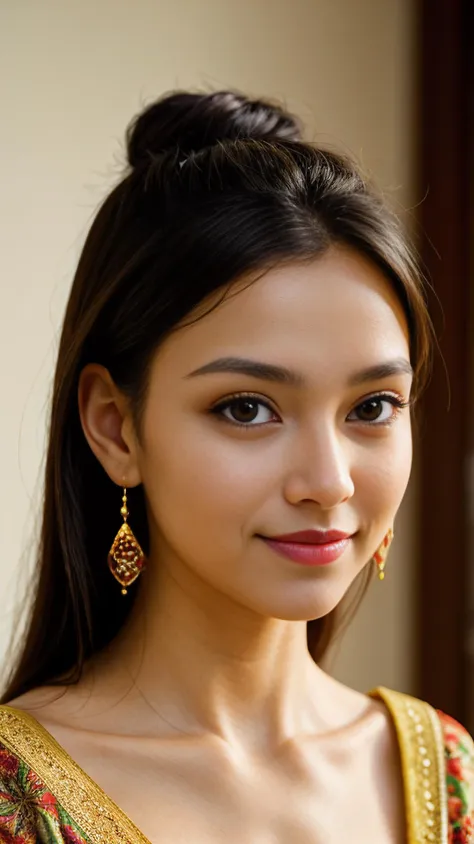 Woman, mysterious eyes, tender smile, vivid lipstick, cascading hairstyle, embroidered blouse, subtle makeup, expressive gaze, detailed earrings, cultural attire, soft lighting, natural beauty enhanced, captivating presence, photographic finesse, warmth radiating, gentle charisma, portrait elegance.