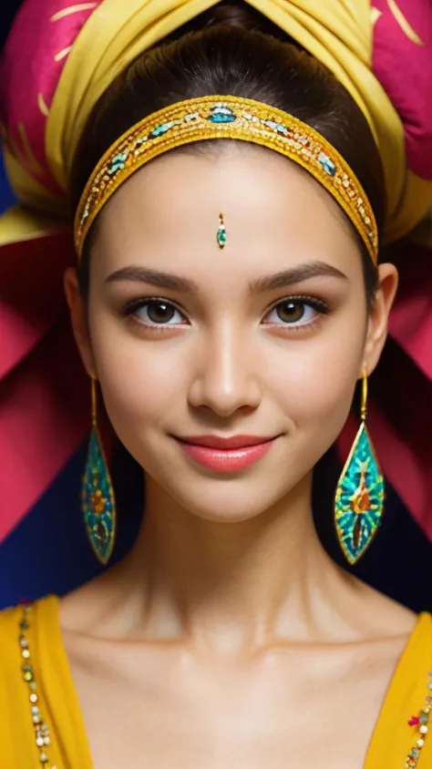 Woman, sparkling eyes, lively expression, colorful headwrap, dynamic patterns, stylish earrings, warm smile, makeup highlighting features, cultural pride, feminine vibrancy, detailed fashion, engaging presence, portrait artistry, bold and beautiful focus.