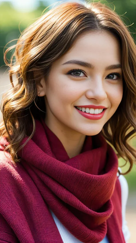 Woman, joyful eyes, vibrant smile, red lipstick, wavy hair delicately placed, colorful scarf, detailed textures, expressive face, natural lighting, makeup enhancing features, playful elegance, visual storytelling, feminine essence, fine photographic details.