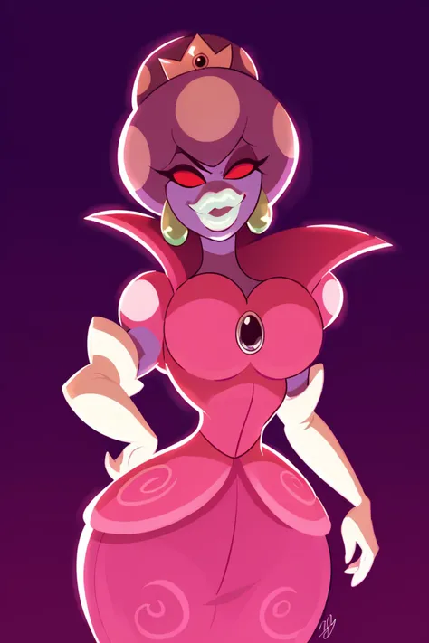 1girl, skin detail, dynamic lighting, dramatic lighting, pretty face, supermodel, thick lips, hyper lips, narrow waist, wasp waist, wide hips, looking at viewer, smile, raised eyebrow, pink dress, red sclera, no pupils, pinup, pose, <lora:Princess_Shroob:1> princess shroob, Score_9_up, Score_8_up, Score_7_up, Score_6_up, score_5_up