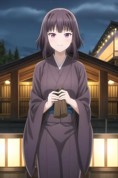 1girl, bangs, dark purple hair, blunt bangs, purple eyes, look at viewer, cowboy shot, light smile, hisui_kujou, kimono, lights, night, festival background <lora:add_detail:1>