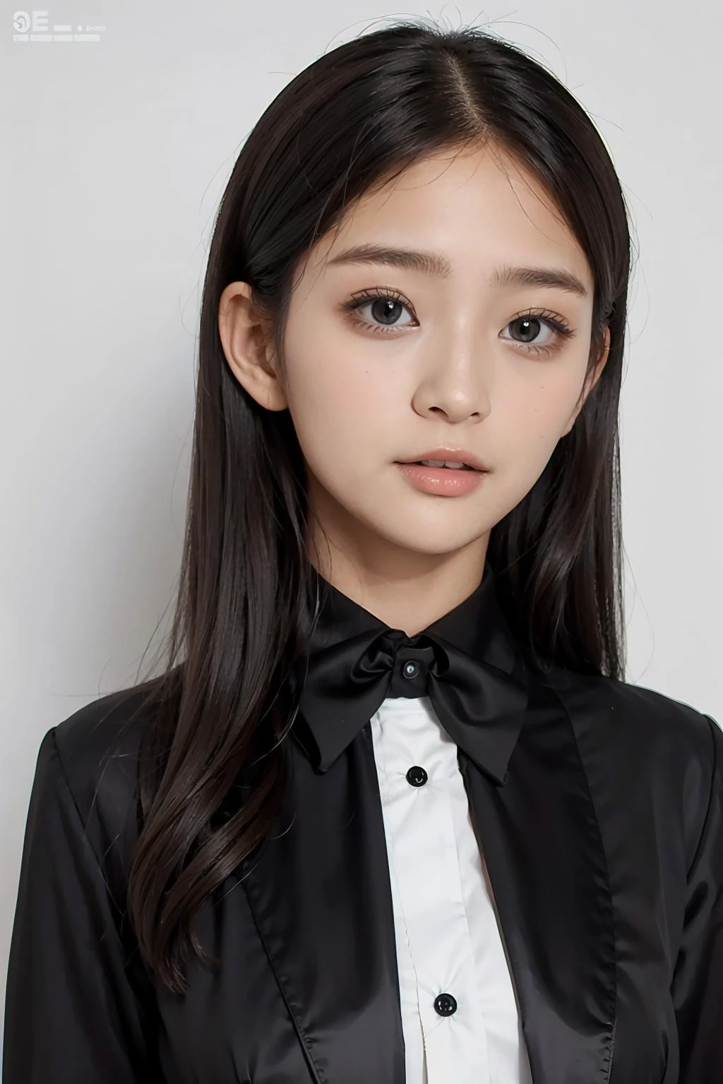 1girl, black random formal attire, white background, <lora:MeguriJAV-02:1>