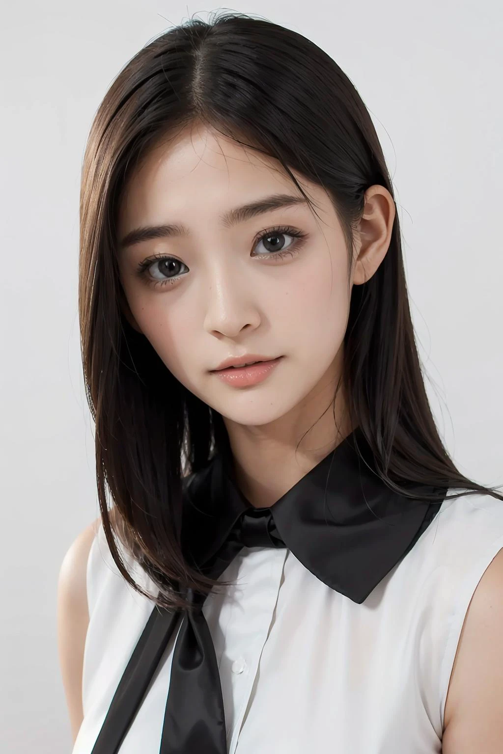 1girl, black random formal attire, white background, <lora:MeguriJAV-02:1>