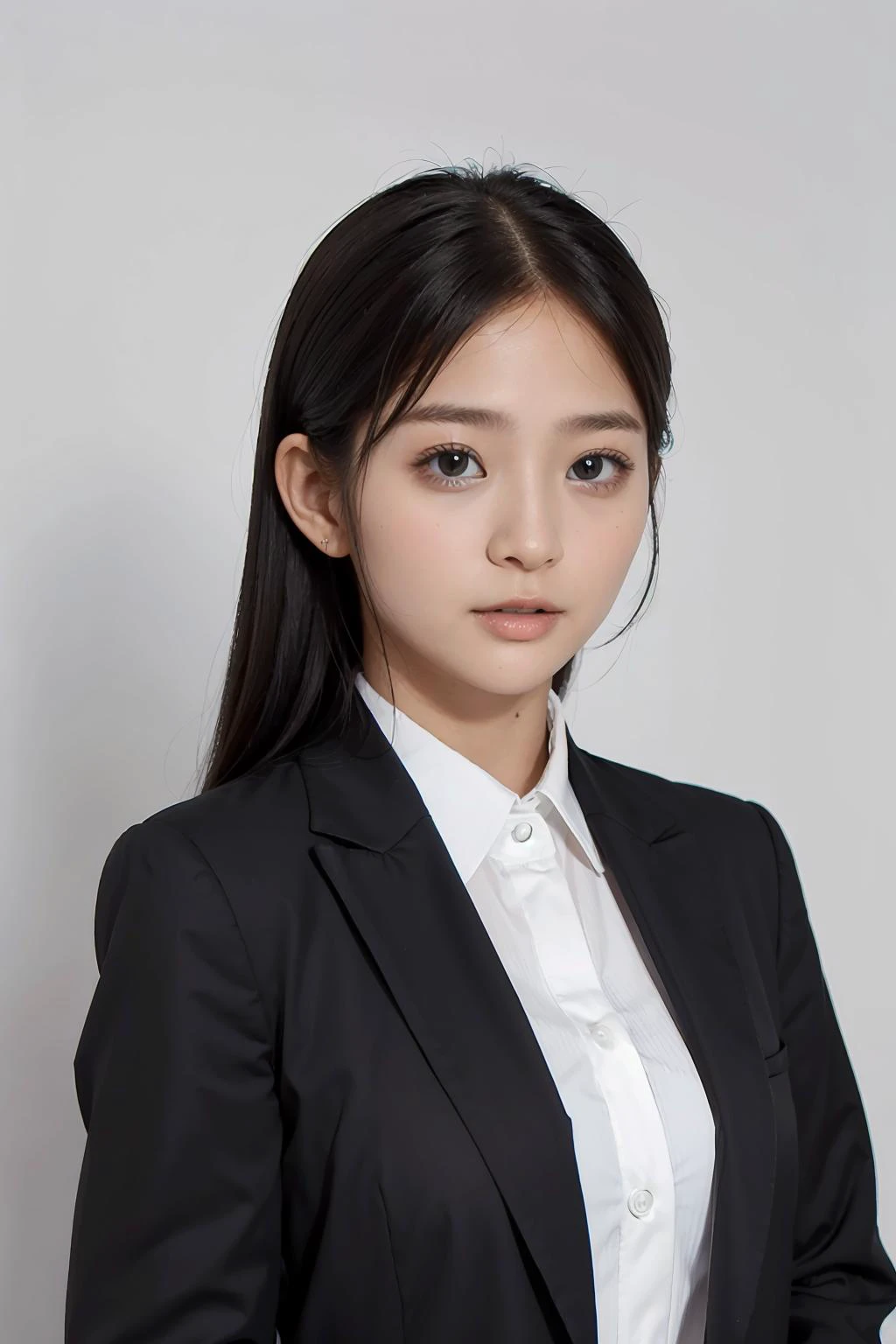 1girl, black random formal attire, white background, <lora:MeguriJAV-02:1>