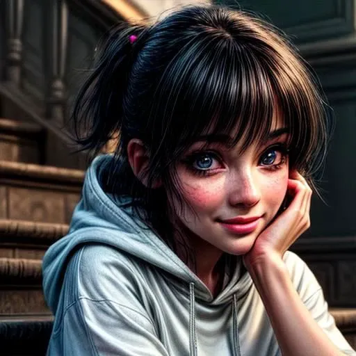 (ultra realistic,32k, masterpiece:1.1),(high detailed skin:1.1), 8k uhd, dslr, high quality,(makeup, mascara:1.1), (thick\lips\), extremely detailed, realistic, intricate details, highres, blush, arched back,(cinematic lighting, sunlight, perfect lighting, backlighting), eye-level shot, extreme close-up-shot, looking at viewer,
on knees, sitting on stairs, smile, oversized t-shirt
<lora:emerald_sustrai:0.7>emerald_sustrai, white-skin, white-skinned female, black hair, tattoo, sweet face, Piercing, hoodie dress, neutraler Background, wunderschne detaillierte Augen und Gesicht, wunderschne detaillierte Augen,