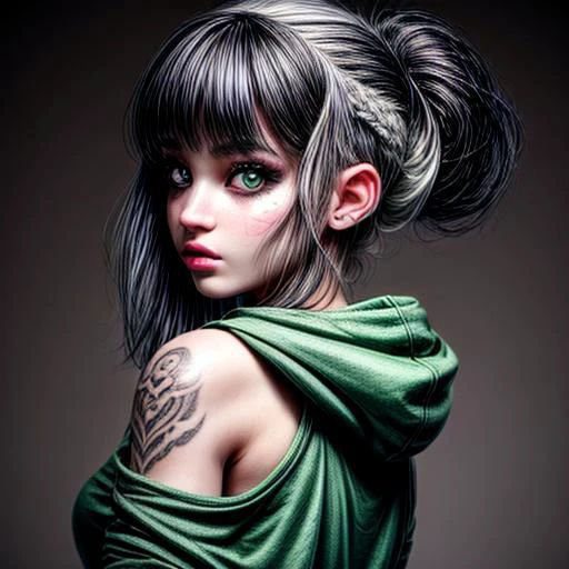 (ultra realistic,32k, masterpiece:1.1),(high detailed skin:1.1), 8k uhd, dslr, high quality,(makeup, mascara:1.1), (thick\lips\),
<lora:emerald_sustrai:0.7>emerald_sustrai, white-skin, white-skinned female, black hair, tattoo, sweet face, Piercing, Hoodie dress, neutraler Background, realistic shadows, back