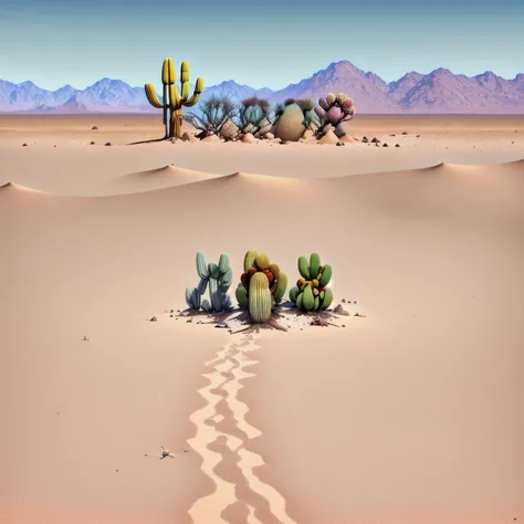 A realistic photo of the desert, it's abandoned, (desert plants), many clowns at mountains