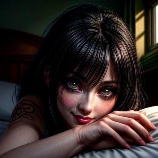 (ultra realistic,32k, masterpiece:1.1),(high detailed skin:1.1), 8k uhd, dslr, high quality,(makeup, mascara:1.1), (thick\lips\), extremely detailed, realistic, intricate details, highres, blush, arched back,(cinematic lighting, sunlight, perfect lighting, backlighting), eye-level shot, extreme close-up-shot, looking at viewer, ley in bed, smile,
 <lora:emerald_sustrai:0.7>emerald_sustrai, white-skin, white-skinned female, black hair, tattoo, sweet face, Piercing, lazy dress, neutraler Background, wunderschne detaillierte Augen und Gesicht, wunderschne detaillierte Augen,