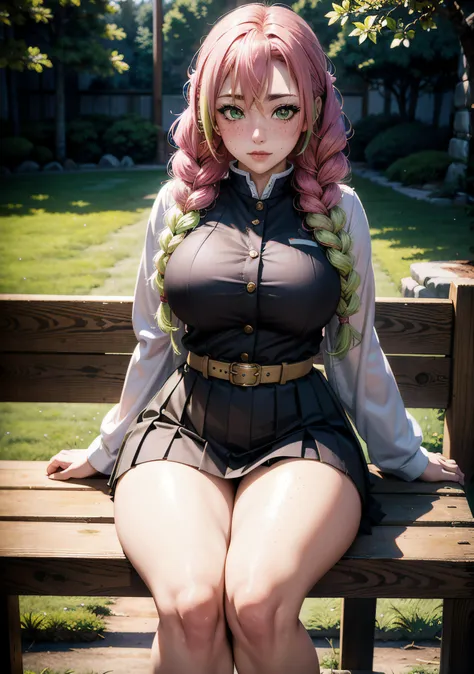 (masterpiece, best quality, hires, high resolution:1.2, 4k, 8k , high quality), extremely detailed, realistic, intricate details, highres, 1girl, solo, blush, freckles, (large breasts, thick thighs, wide hips), arched back,(cinematic lighting, sunlight, perfect lighting, backlighting), eye-level shot, extreme close-up-shot, looking at viewer, <lora:Mitsuri_DemSlay_Ecsta:0.5> mitsuri_ecsta, pink hair, multicolored hair, kanroji mitsuri, green hair, two-tone hair, demon slayer uniform, skirt, sitting, crossed legs, bench,