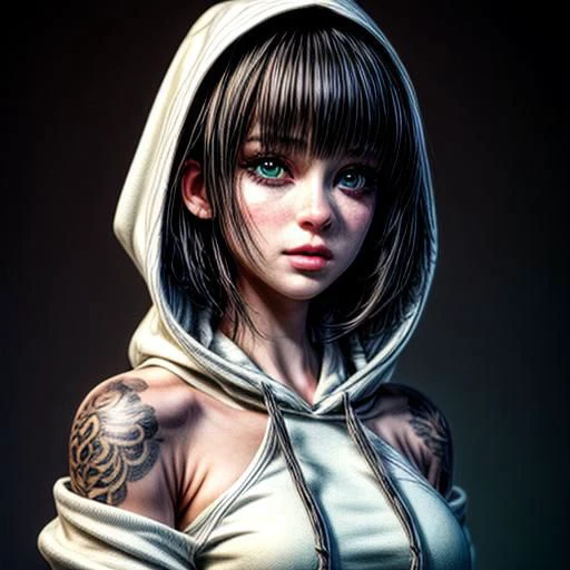 (ultra realistic,32k, masterpiece:1.1),(high detailed skin:1.1), 8k uhd, dslr, high quality,(makeup, mascara:1.1), (thick\lips\),
<lora:emerald_sustrai:0.7>emerald_sustrai, white-skin, white-skinned female, black hair, tattoo, sweet face, Piercing, Hoodie dress, neutraler Background, realistic shadows