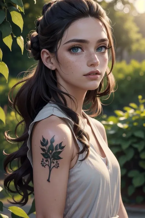 (masterpiece, best quality, hires, high resolution:1.2, 4k, 8k , high quality), extremely detailed, realistic, intricate details, highres, 1girl, solo, long hair, green eyes, blush, freckles, arched back,(cinematic lighting, sunlight, perfect lighting, backlighting), eye-level shot, extreme close-up-shot, looking at viewer,
upper body portrait, tattoo, shirt, Curly Top Knot, hair over eyes,