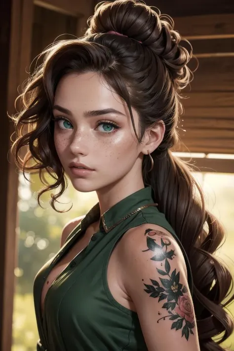 (masterpiece, best quality, hires, high resolution:1.2, 4k, 8k , high quality), extremely detailed, realistic, intricate details, highres, 1girl, solo, long hair, green eyes, blush, freckles, arched back,(cinematic lighting, sunlight, perfect lighting, backlighting), eye-level shot, extreme close-up-shot, looking at viewer,
upper body portrait, tattoo, shirt, Curly Top Knot, hair over eyes,