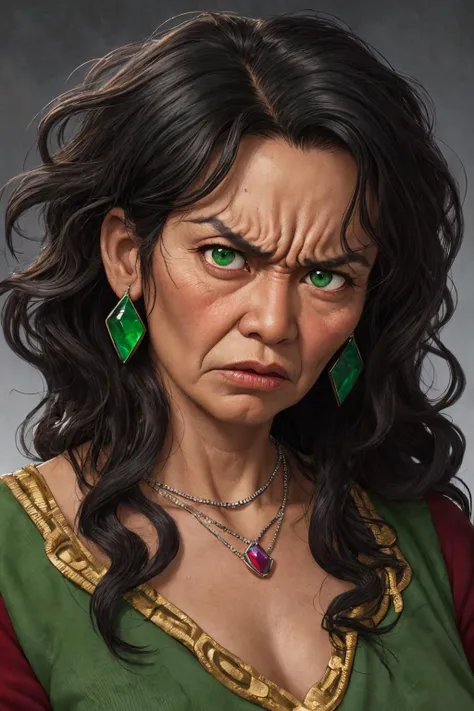 close-up photo portrait of a 60 yo samoan woman, black long curly hair, green eyes, angry face expression, chest red huge gem, necklace, chieftain, traditional, simple background