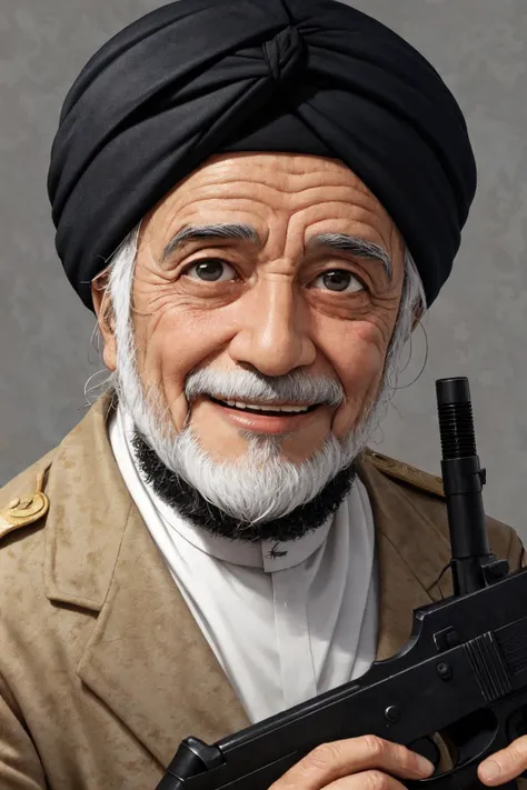 close-up photo portrait of a 80 yo aged Arab man, short grey hair, beard, black eyes, joyful face expression, turban, holding ak-47, military, simple background